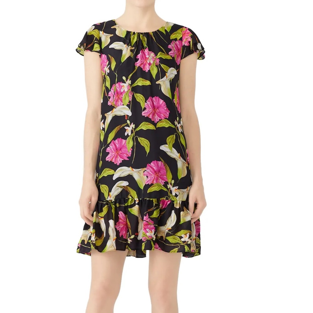 MILLY Women's Jill Floral Print Silk Flutter Sleeve Flounce Dress Size small